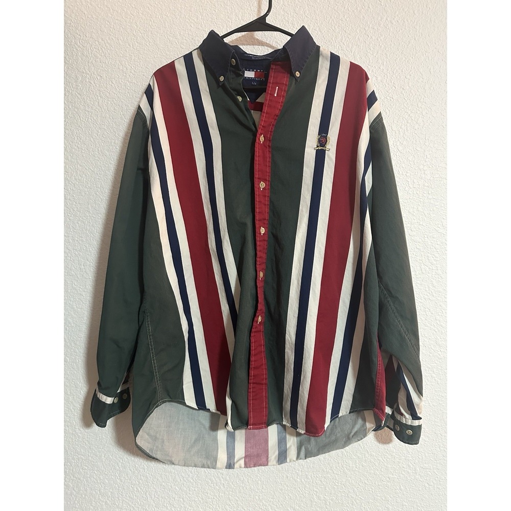 Tommy Hilfiger Vintage Crest Stripe Button Down Shirt L Colorblock 90s